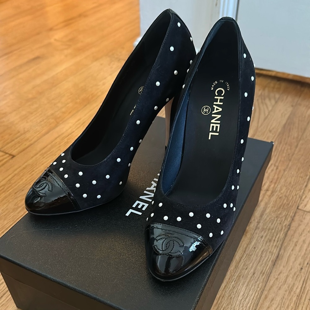 Authentic CHANEL Black and Pearl Polka Dot Heels